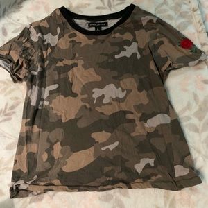 Army print crop top with embroidered red rose
